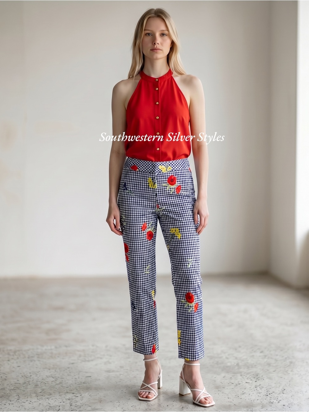 Melissa Paige Blue White Gingham Check Floral Print Size Large Capris Pants